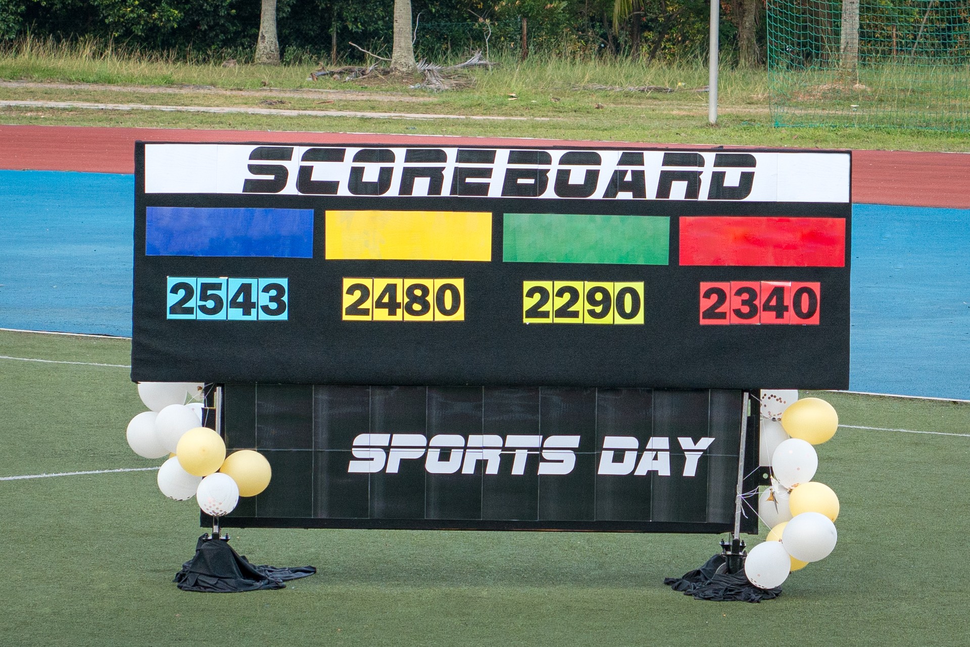 Scoreboard on a sports field inside a stadium.