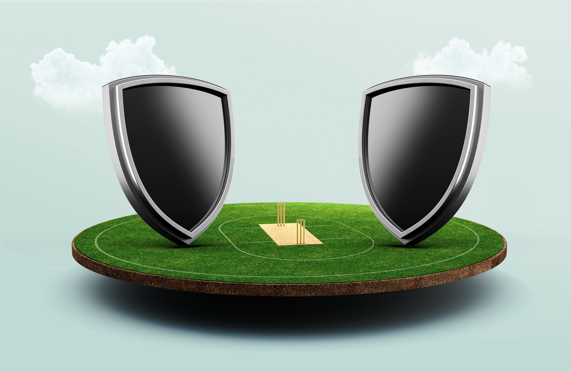 Stadium of Cricket with shield emblem on pitch and VS versus 3d illustration