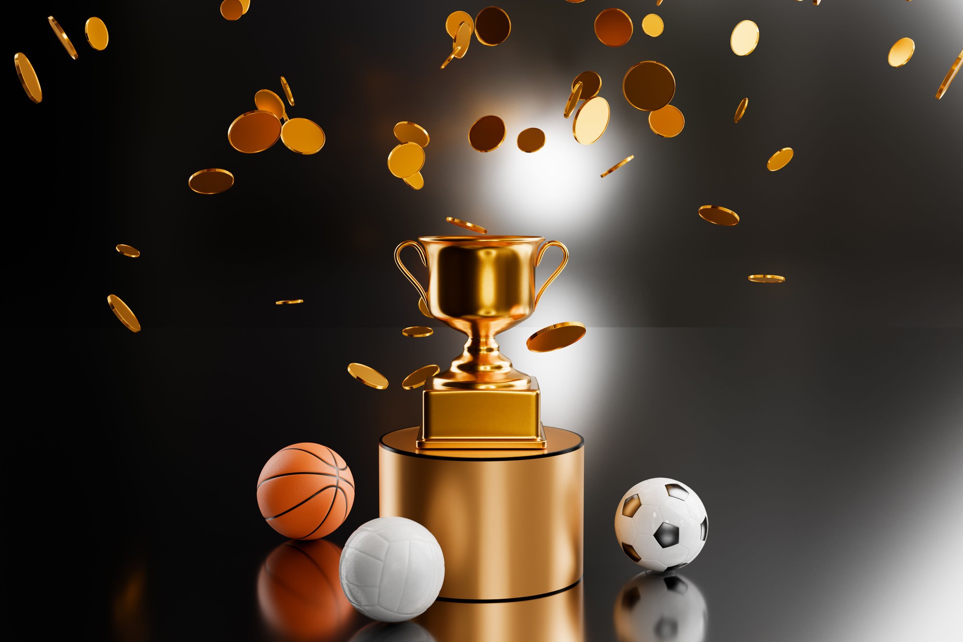 The winner's gold cup on a pedestal surrounded by sports balls and coins. 3D rendering